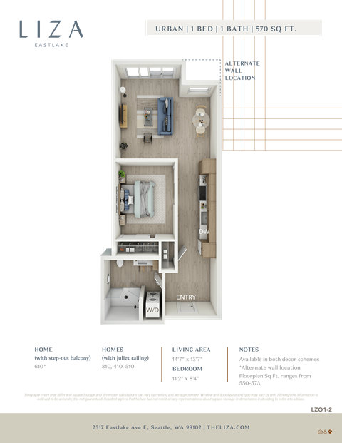 Liza Apartment 3D floor plan - 1x1 570 sqft